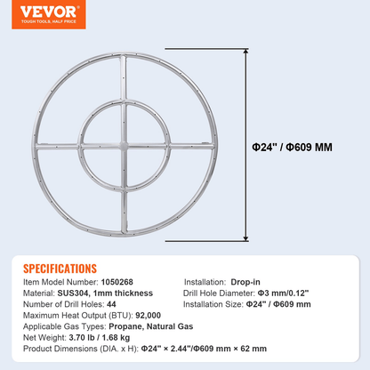 VEVOR 24 inch Round Drop - in Fire Pit Pan, Stainless Steel Fire Pit Burner, Natural &amp; Propane Gas Fire Pan 92,000 BTU, for Indoor or Outdoor Use - Ethereal Company