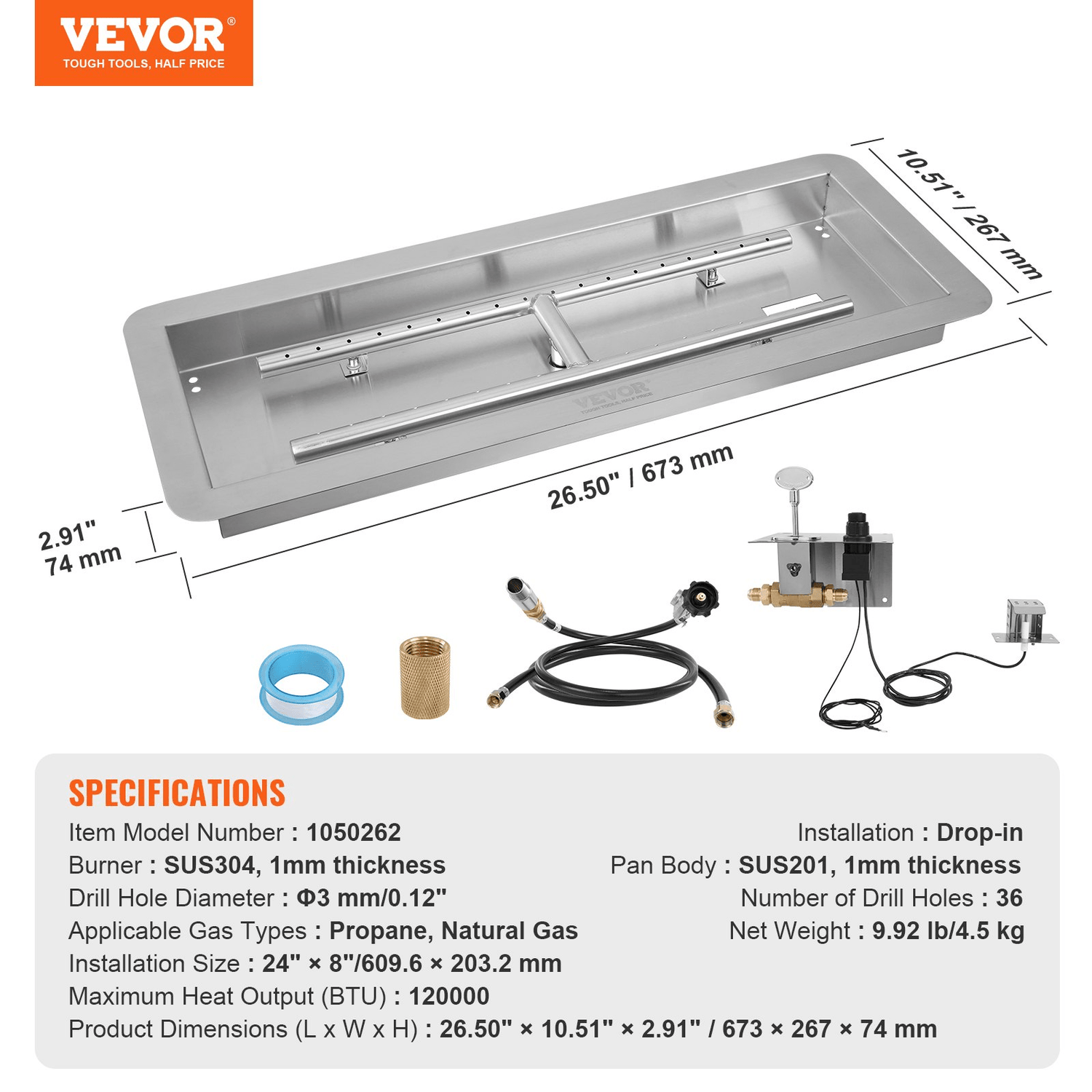 VEVOR 24 x 8 inch Drop - in Fire Pit Pan, Rectangular Stainless Steel Fire Pit Burner Kit, Natural &amp; Propane Gas Fire Pan 120,000 BTU with H - Burner for Indoor or Outdoor Use - Ethereal Company