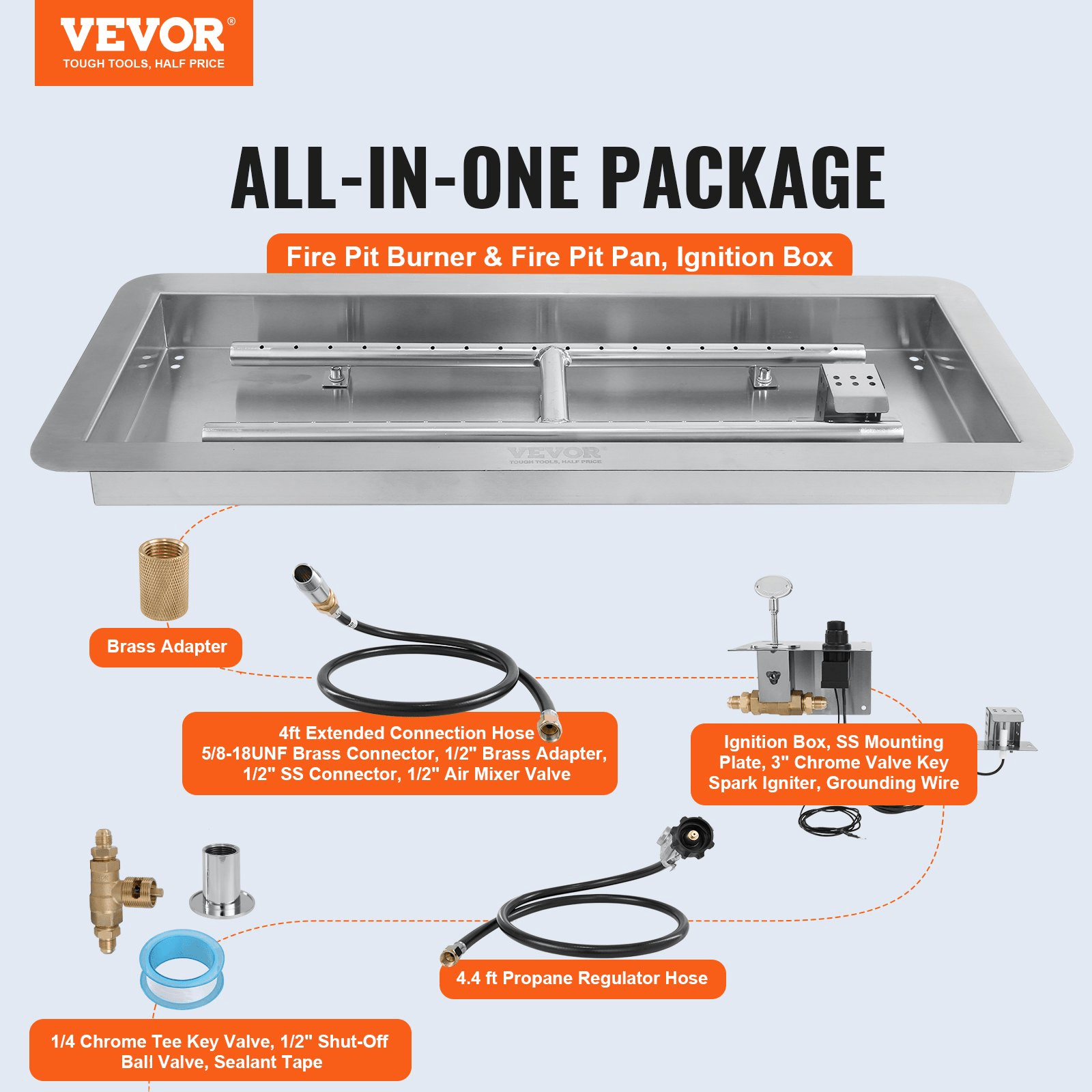 VEVOR 24 x 8 inch Drop - in Fire Pit Pan, Rectangular Stainless Steel Fire Pit Burner Kit, Natural &amp; Propane Gas Fire Pan 120,000 BTU with H - Burner for Indoor or Outdoor Use - Ethereal Company