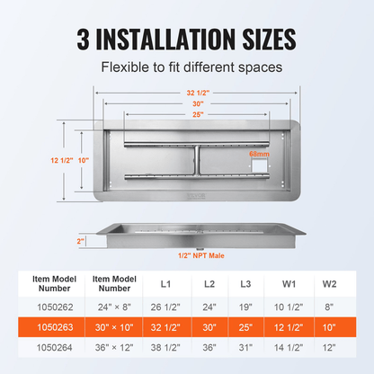 VEVOR 30 x 10 inch Drop - in Fire Pit Pan, Rectangular Stainless Steel Fire Pit Burner Kit, Natural &amp; Propane Gas Fire Pan 125,000 BTU with H - Burner for Indoor or Outdoor Use - Ethereal Company