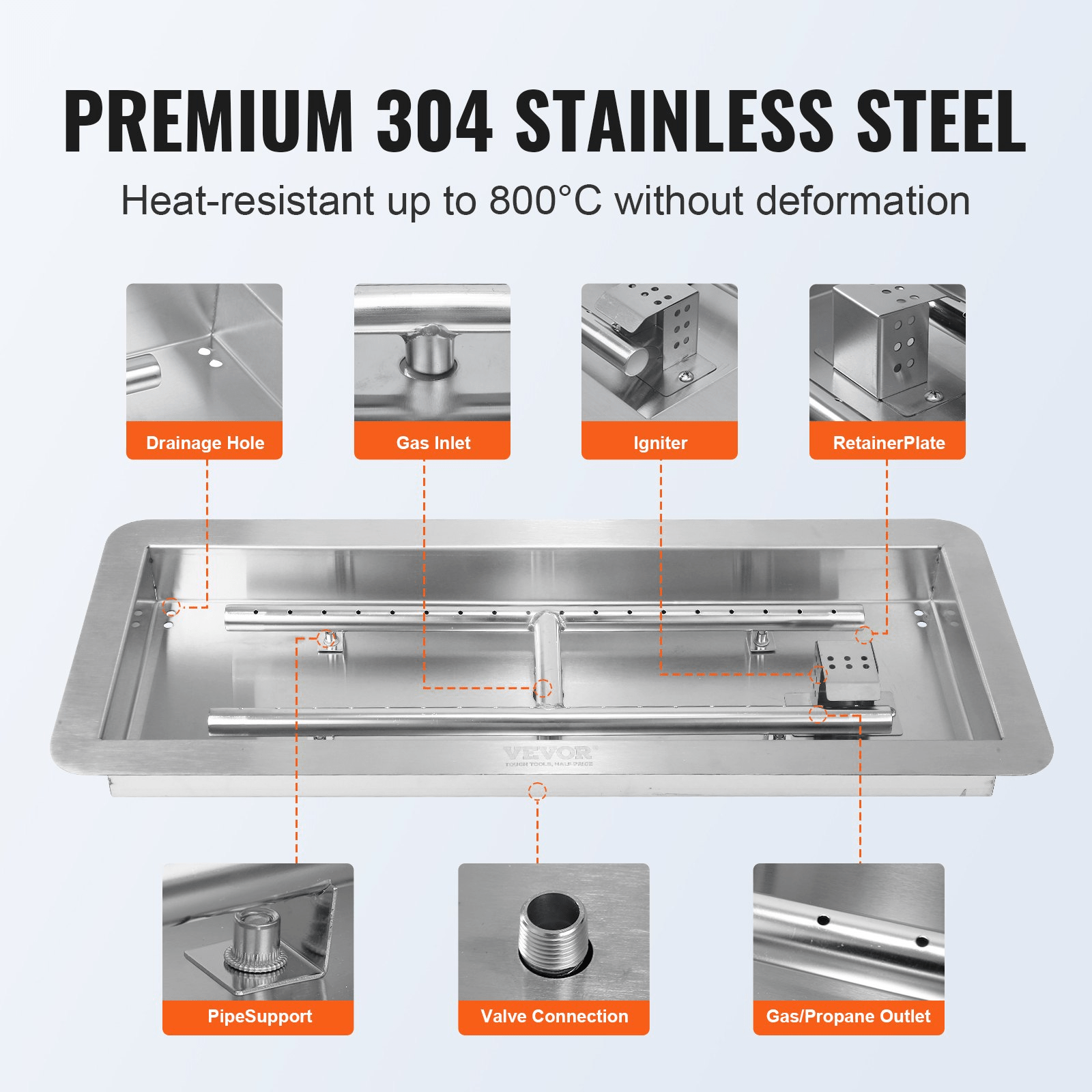 VEVOR 30 x 10 inch Drop - in Fire Pit Pan, Rectangular Stainless Steel Fire Pit Burner Kit, Natural &amp; Propane Gas Fire Pan 125,000 BTU with H - Burner for Indoor or Outdoor Use - Ethereal Company