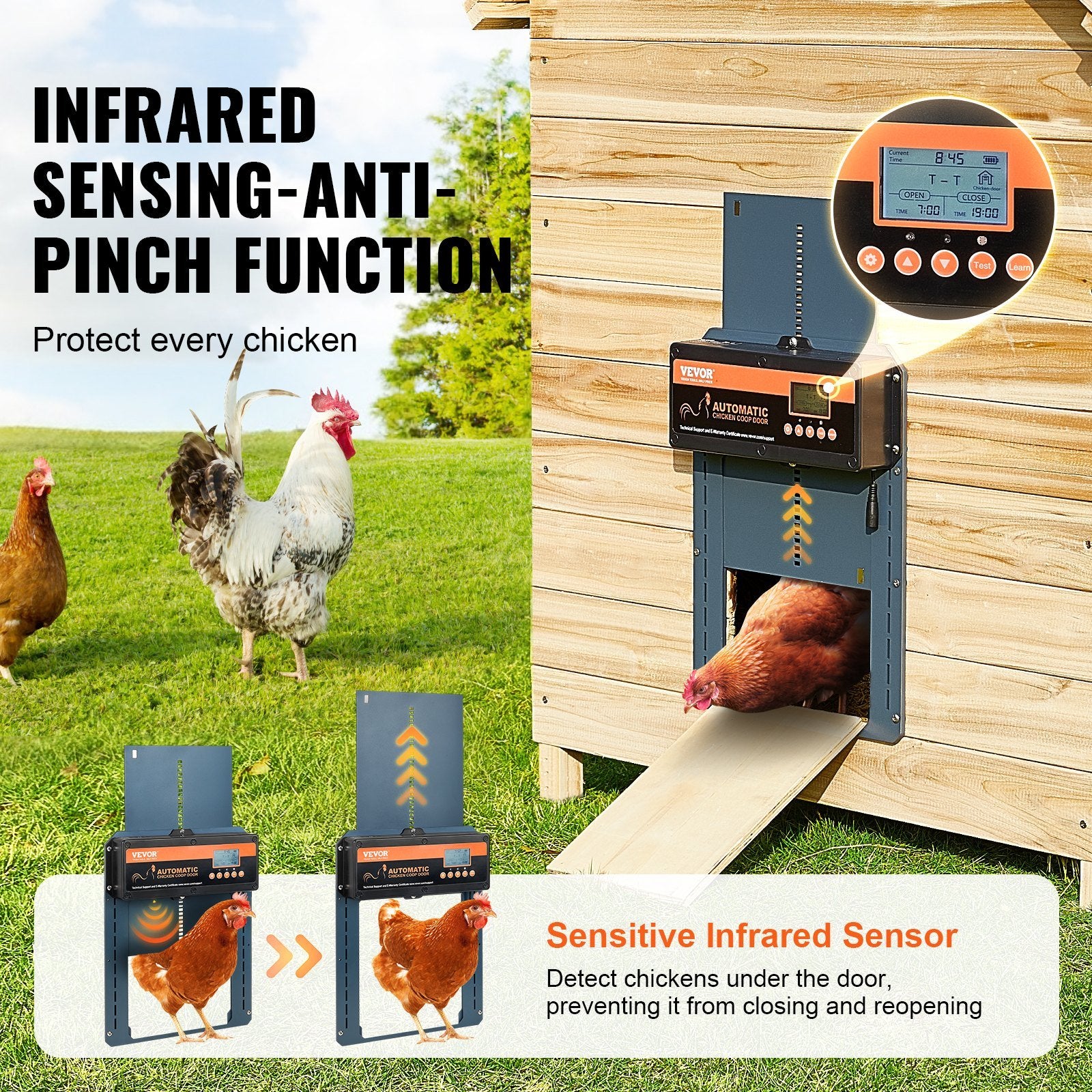 VEVOR Automatic Chicken Coop Door, Auto Chicken Door Opener with Timer &amp; Light Sensor Aluminum Chicken Coops Door with Remote Control and LCD screen, 4 Modes Opening, Battery or DC Powered - Ethereal Company