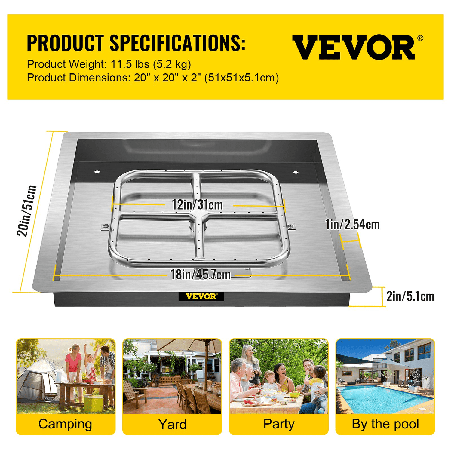 VEVOR Drop in Fire Pit Pan, 18&quot; x 18&quot; Square Fire Pit Burner, Stainless Steel Gas Fire Pan, Fire Pit Burner Pan w/ 1 Pack Volcanic Rock Fire Pit Insert w/ 90K BTU for Keeping Warm w/ Family &amp; Friends - Ethereal Company