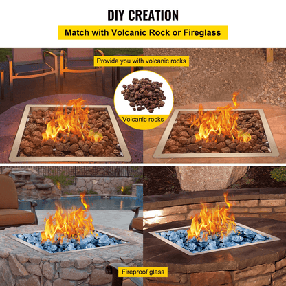 VEVOR Drop in Fire Pit Pan, 18&quot; x 18&quot; Square Fire Pit Burner, Stainless Steel Gas Fire Pan, Fire Pit Burner Pan w/ 1 Pack Volcanic Rock Fire Pit Insert w/ 90K BTU for Keeping Warm w/ Family &amp; Friends - Ethereal Company