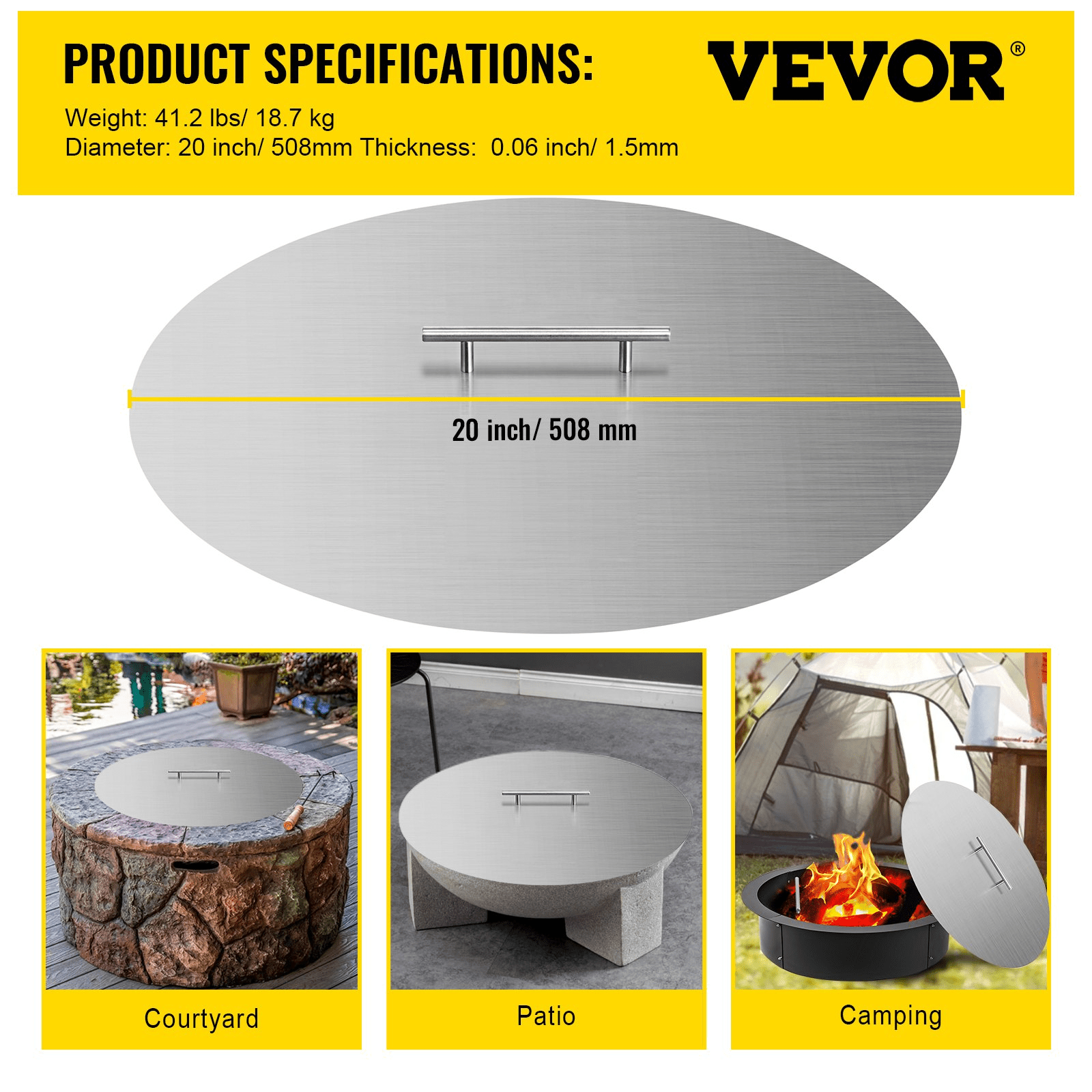 VEVOR Fire Pit Lid Round 20 Inch Fire Pit Ring Lid 1.5 mm Thick 304 Stainless Steel Fire Pit Burner Cover for Round Patio Fire Pit - Ethereal Company