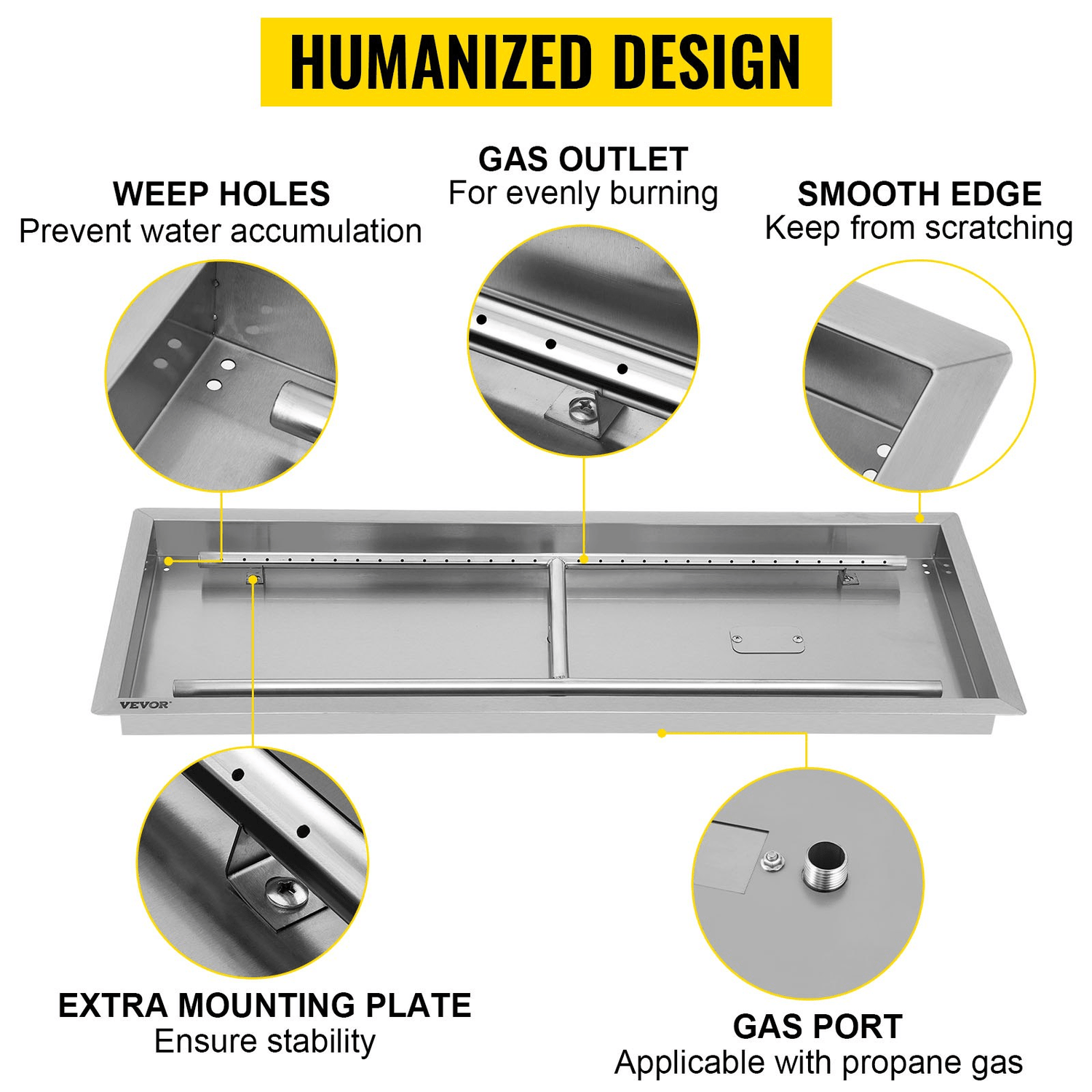 VEVOR Fire Pit Pan 31.5x12 Inch, Stainless Steel Rectangular Fire Pit Pan and Burner, Built - in Fire Pit Pan with H - Burner, 90K BTU - Ethereal Company