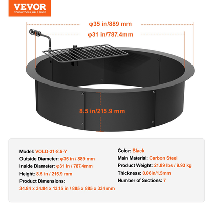 VEVOR Fire Pit Ring w/ BBQ Fire Ring 35 Inch Outer Steel DIY Campfire Firepit - Ethereal Company