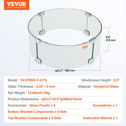 VEVOR Fire Pit Wind Guard, 23 x 23 x 8 Inch Glass Flame Guard, Round Glass Shield, 1/4 - Inch Thick Fire Table, Clear Tempered Glass Flame Guard, Aluminum Alloy Feet for Propane, Gas, Outdoor - Ethereal Company