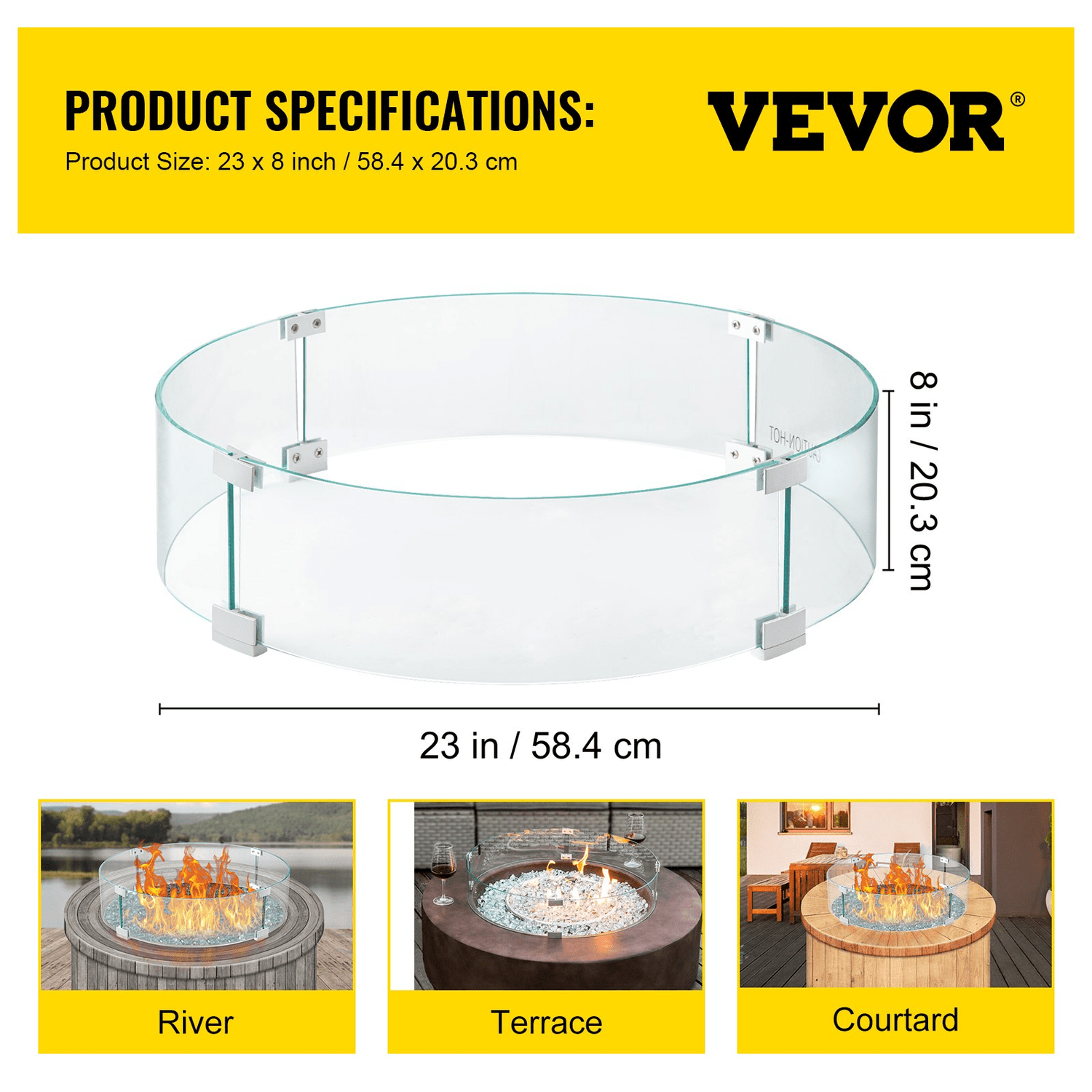 VEVOR Fire Pit Wind Guard, 23 x 23 x 8 Inch Glass Flame Guard, Round Glass Shield, 1/4 - Inch Thick Fire Table, Clear Tempered Glass Flame Guard, Aluminum Alloy Feet for Propane, Gas, Outdoor - Ethereal Company