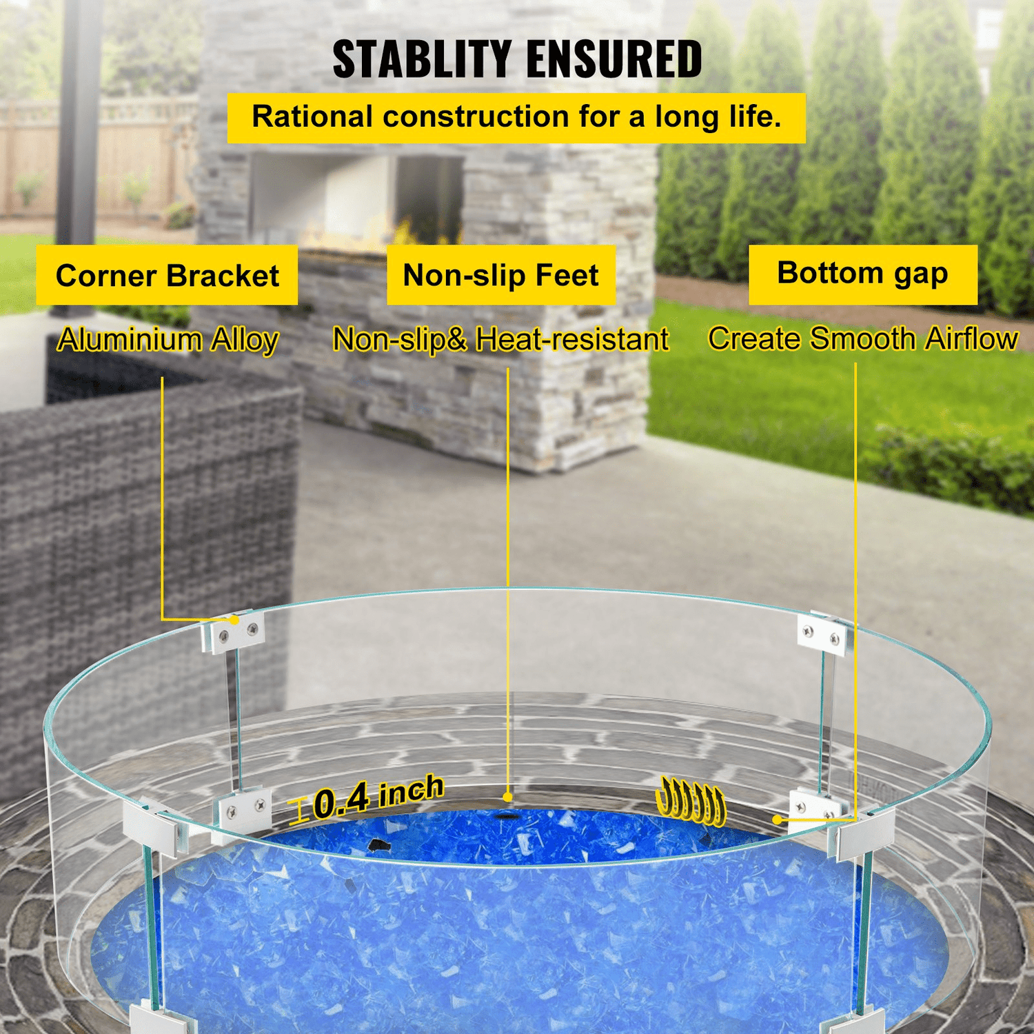 VEVOR Fire Pit Wind Guard, 23 x 23 x 8 Inch Glass Flame Guard, Round Glass Shield, 1/4 - Inch Thick Fire Table, Clear Tempered Glass Flame Guard, Aluminum Alloy Feet for Propane, Gas, Outdoor - Ethereal Company