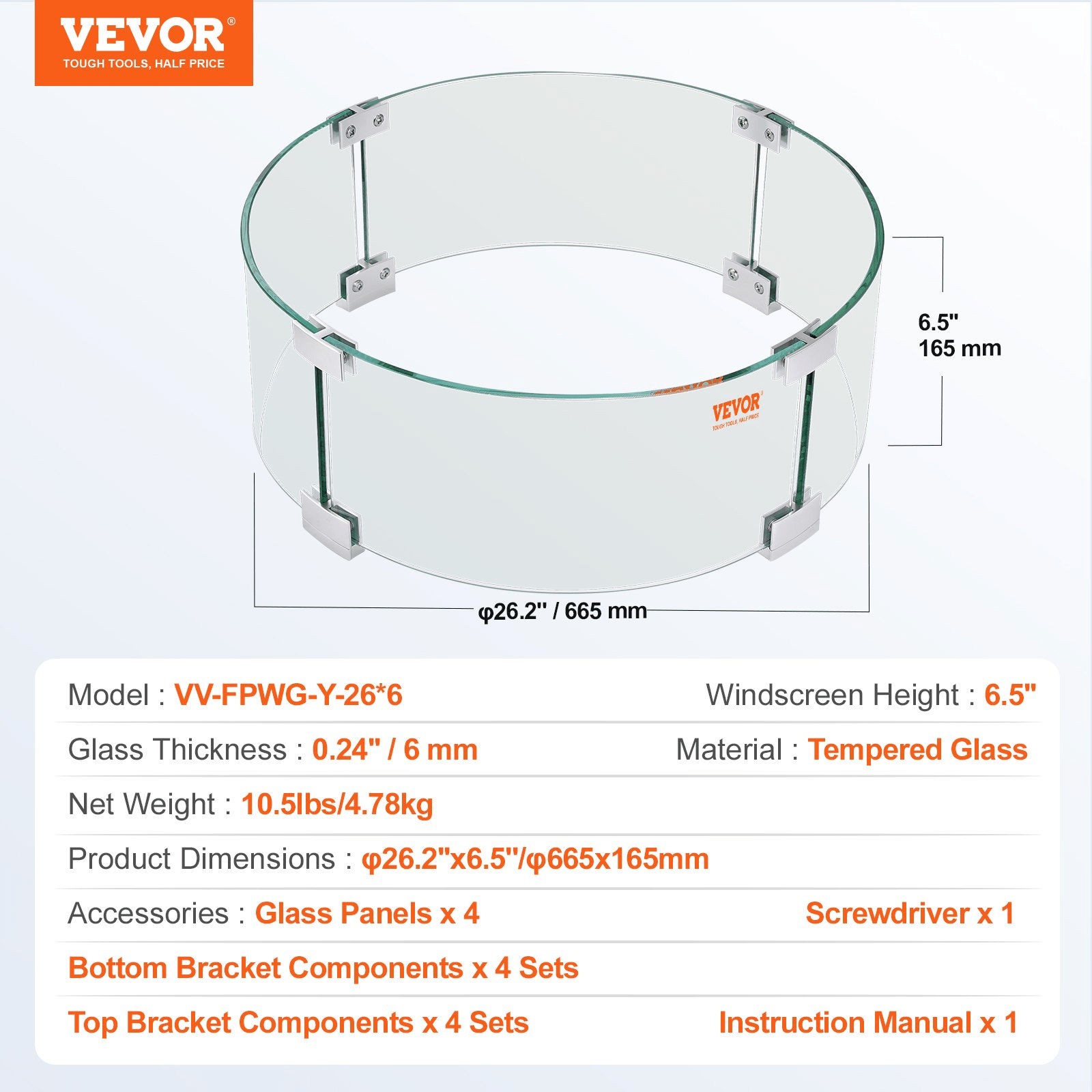 VEVOR Fire Pit Wind Guard, 26 x 26 x 6 Inch Glass Flame Guard, Round Glass Shield, 1/4 - Inch Thick Fire Table, Clear Tempered Glass Flame Guard, Aluminum Alloy Feet for Propane, Gas, Outdoor - Ethereal Company