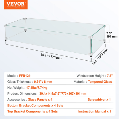 VEVOR Glass Wind Guard for Rectangular Fire Pit Table 30 x 14 x 7.5 Inch, 0.31 inch Thick and Sturdy Tempered Glass Panel with Hard Aluminum Corner Bracket &amp; Rubber Feet, Easy to Assemble - Ethereal Company