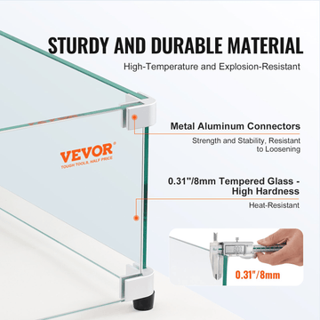 VEVOR Glass Wind Guard for Rectangular Fire Pit Table 30 x 14 x 7.5 Inch, 0.31 inch Thick and Sturdy Tempered Glass Panel with Hard Aluminum Corner Bracket &amp; Rubber Feet, Easy to Assemble - Ethereal Company