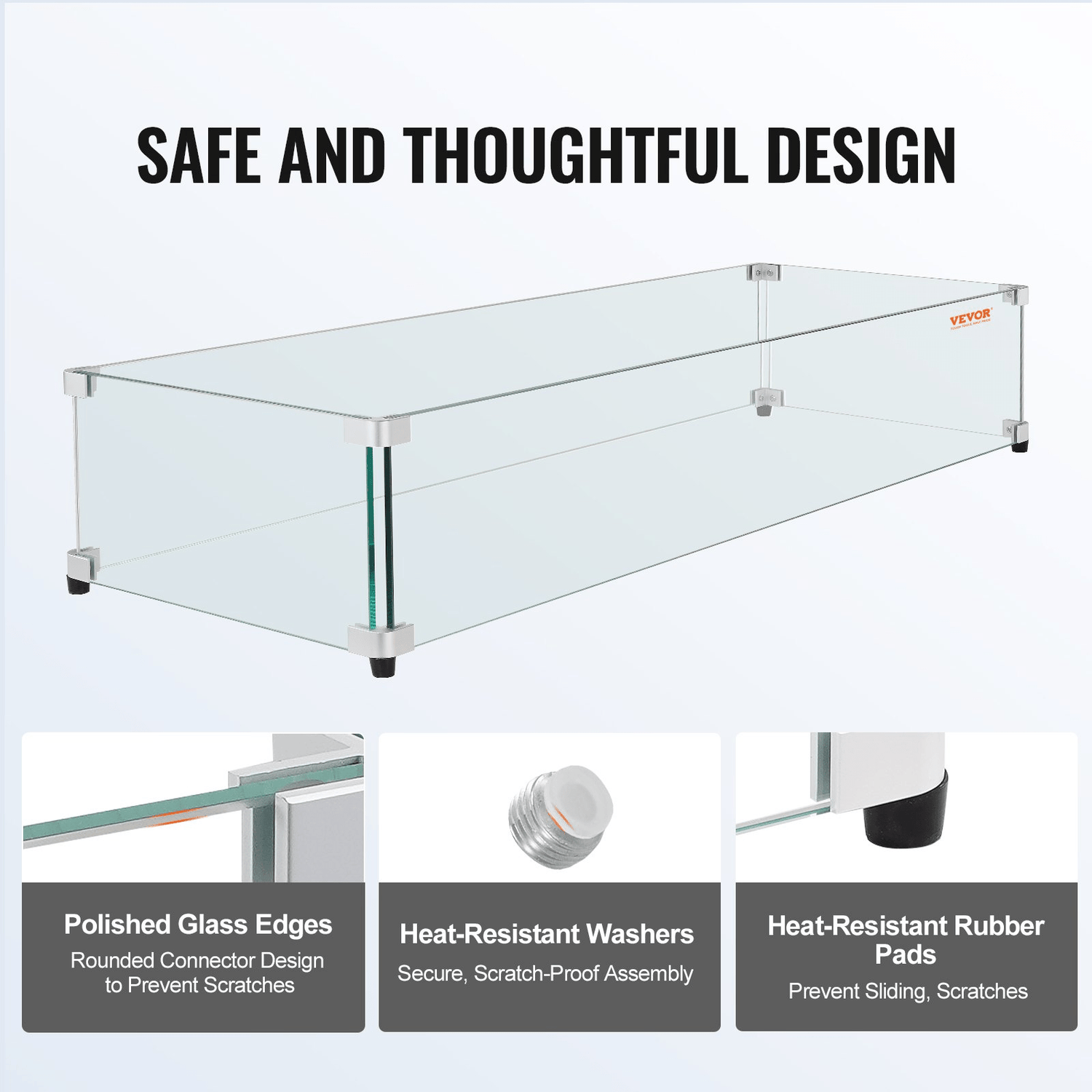 VEVOR Glass Wind Guard for Rectangular Fire Pit Table 36 x 16 x 7.5 Inch, 0.31 inch Thick and Sturdy Tempered Glass Panel with Hard Aluminum Corner Bracket &amp; Rubber Feet, Easy to Assemble - Ethereal Company