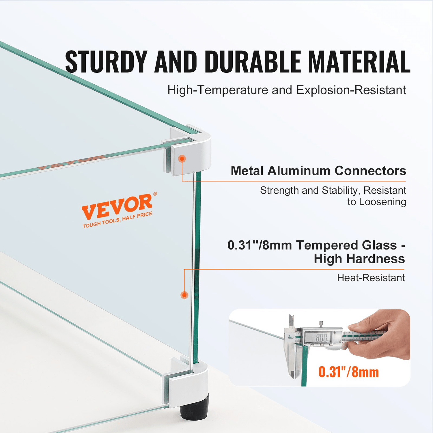 VEVOR Glass Wind Guard for Rectangular Fire Pit Table 44 x 14 x 7.5 Inch, 0.31 inch Thick and Sturdy Tempered Glass Panel with Hard Aluminum Corner Bracket &amp; Rubber Feet, Easy to Assemble - Ethereal Company