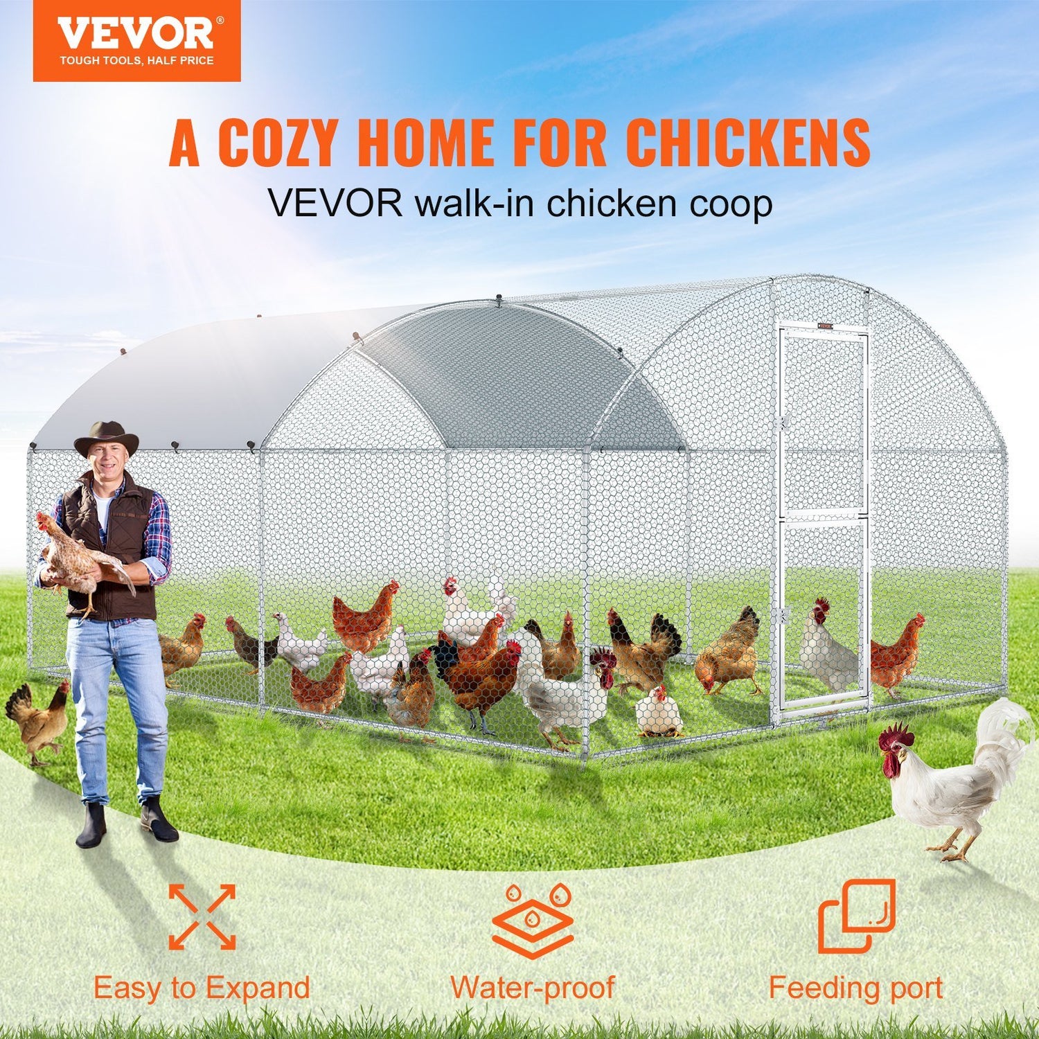 VEVOR Large Metal Chicken Coop with Run, Walkin Chicken Coop for Yard with Waterproof Cover, 13.1 x 9.8 x 6.6 ft, Dome Roof Large Poultry Cage for Hen House, Duck Coop and Rabbit Run, Silver - Ethereal Company