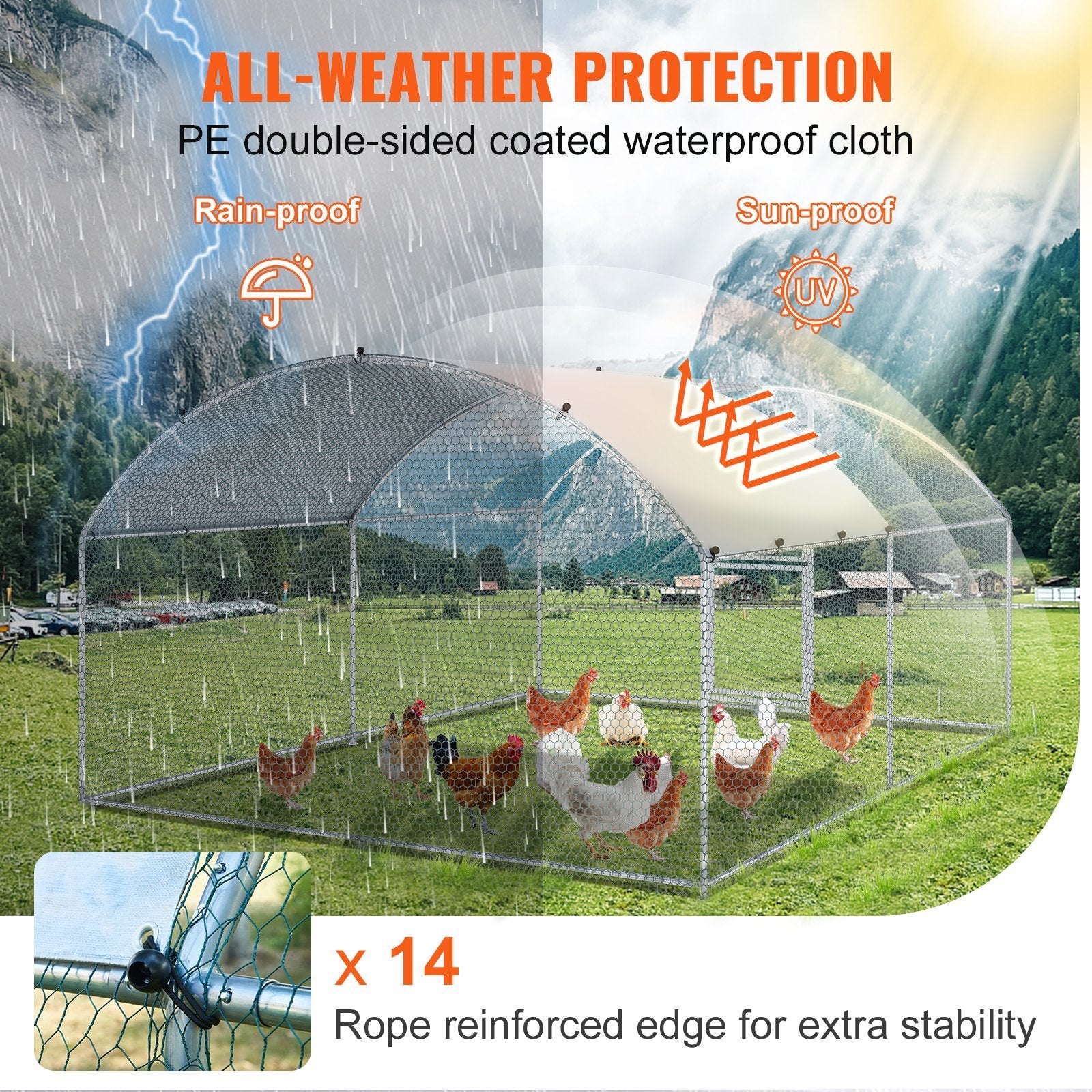 VEVOR Large Metal Chicken Coop with Run, Walkin Chicken Coop for Yard with Waterproof Cover, 13.1 x 9.8 x 6.6 ft, Dome Roof Large Poultry Cage for Hen House, Duck Coop and Rabbit Run, Silver - Ethereal Company