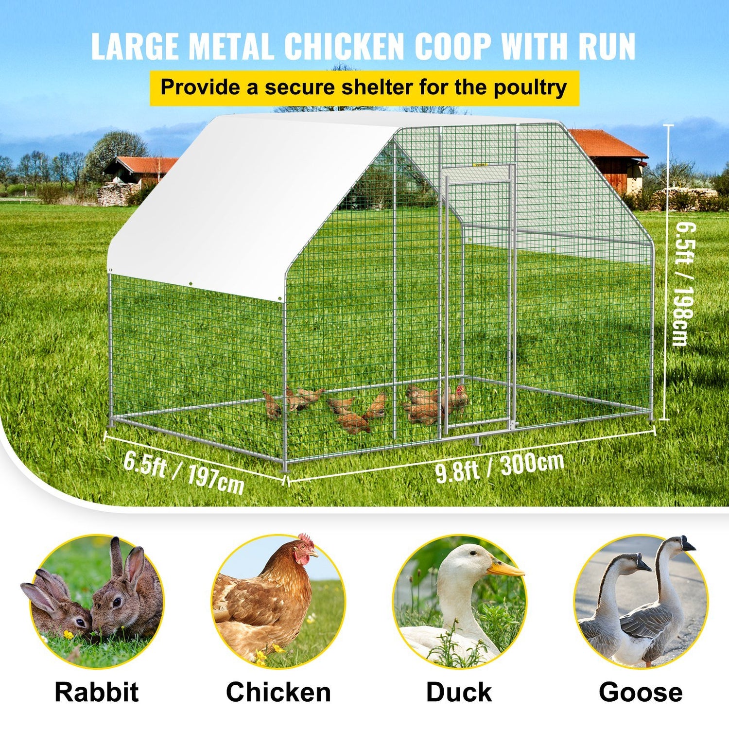 VEVOR Large Metal Chicken Coop with Run, Walkin Chicken Run for Yard with Waterproof Cover, Outdoor Poultry Cage Hen House, 6.5x9.8x6.5ft Large Space for Duck Coops and Rabbit Runs, Silver - Ethereal Company