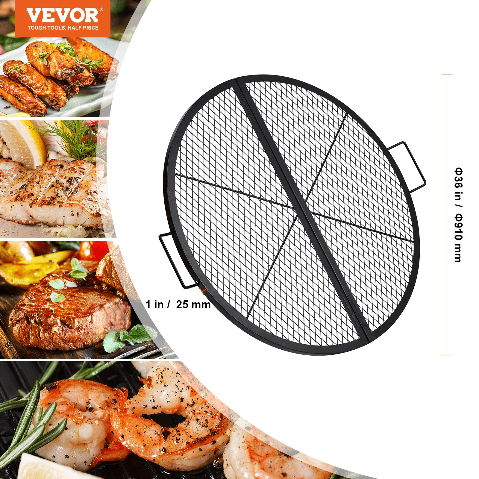 VEVOR X - Marks Fire Pit Grill Grate, Foldable Round Cooking Grate, Heavy Duty Steel Campfire BBQ Grill Grid with Handle and Support X Wire, Portable Camping Cookware for Outside Party, 36 Inch Black - Ethereal Company