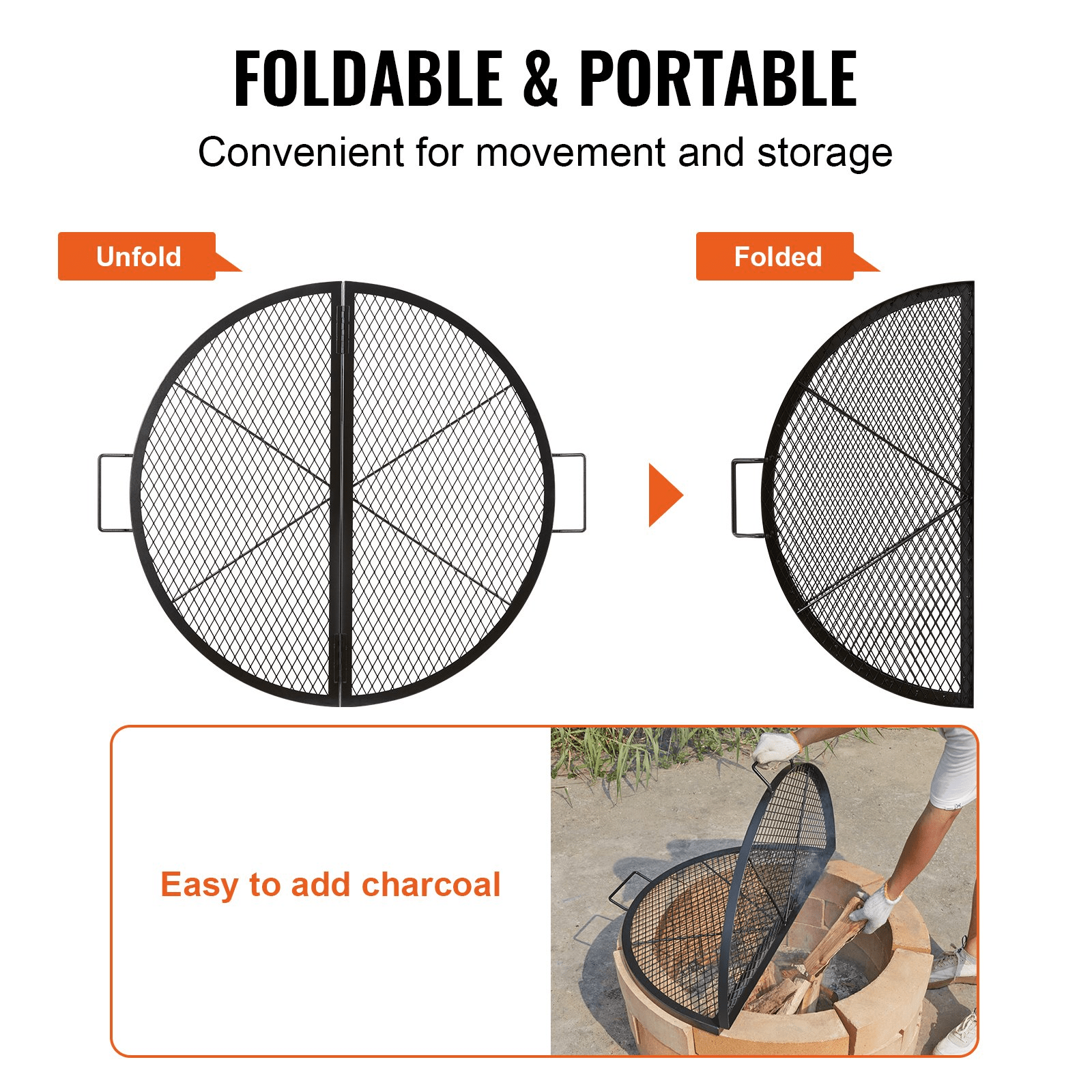 VEVOR X - Marks Fire Pit Grill Grate, Foldable Round Cooking Grate, Heavy Duty Steel Campfire BBQ Grill Grid with Handle and Support X Wire, Portable Camping Cookware for Outside Party, 36 Inch Black - Ethereal Company