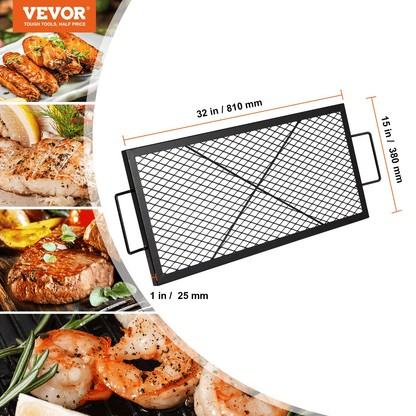 VEVOR X - Marks Fire Pit Grill Grate, Rectangle Cooking Grate, Heavy Duty Steel Campfire BBQ Grill Grid with Handle &amp; Support X Wire, Portable Camping Cookware for Outside Party Gathering, 32 Inch Black - Ethereal Company