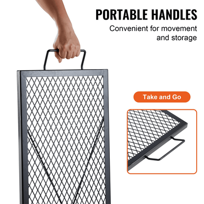 VEVOR X - Marks Fire Pit Grill Grate, Rectangle Cooking Grate, Heavy Duty Steel Campfire BBQ Grill Grid with Handle &amp; Support X Wire, Portable Camping Cookware for Outside Party Gathering, 44 Inch Black - Ethereal Company