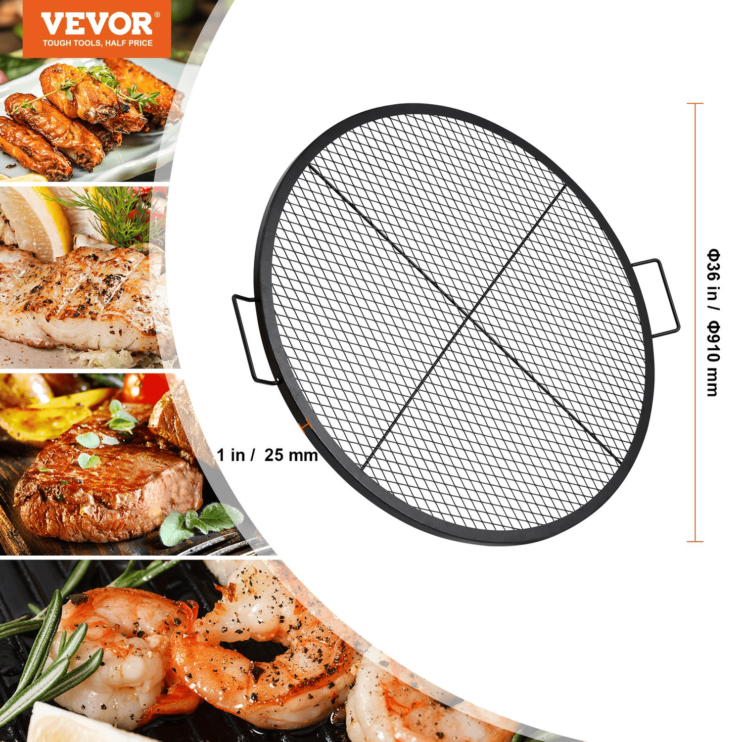 VEVOR X - Marks Fire Pit Grill Grate, Round Cooking Grate, Heavy Duty Steel Campfire BBQ Grill Grid with Handle and Support X Wire, Portable Camping Cookware for Outside Party &amp; Gathering, 36 Inch Black - Ethereal Company