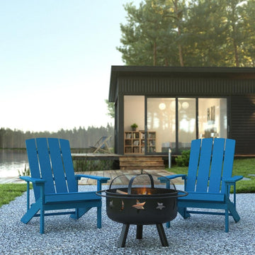 3 Piece Charlestown Blue Poly Resin Wood Adirondack Chair Set with Fire Pit - Ethereal Company