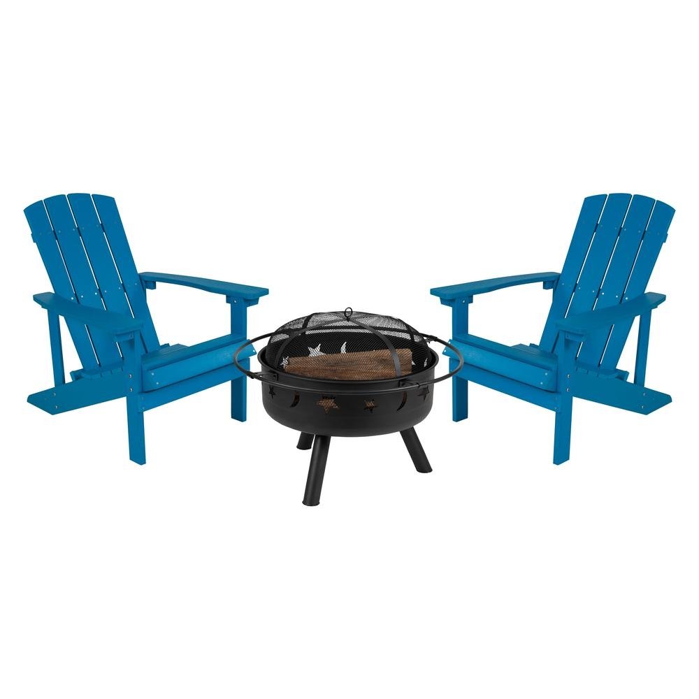 3 Piece Charlestown Blue Poly Resin Wood Adirondack Chair Set with Fire Pit - Ethereal Company