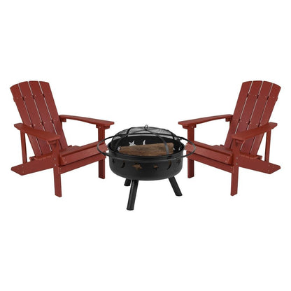 3 Piece Charlestown Red Poly Resin Wood Adirondack Chair Set with Fire Pit - Ethereal Company