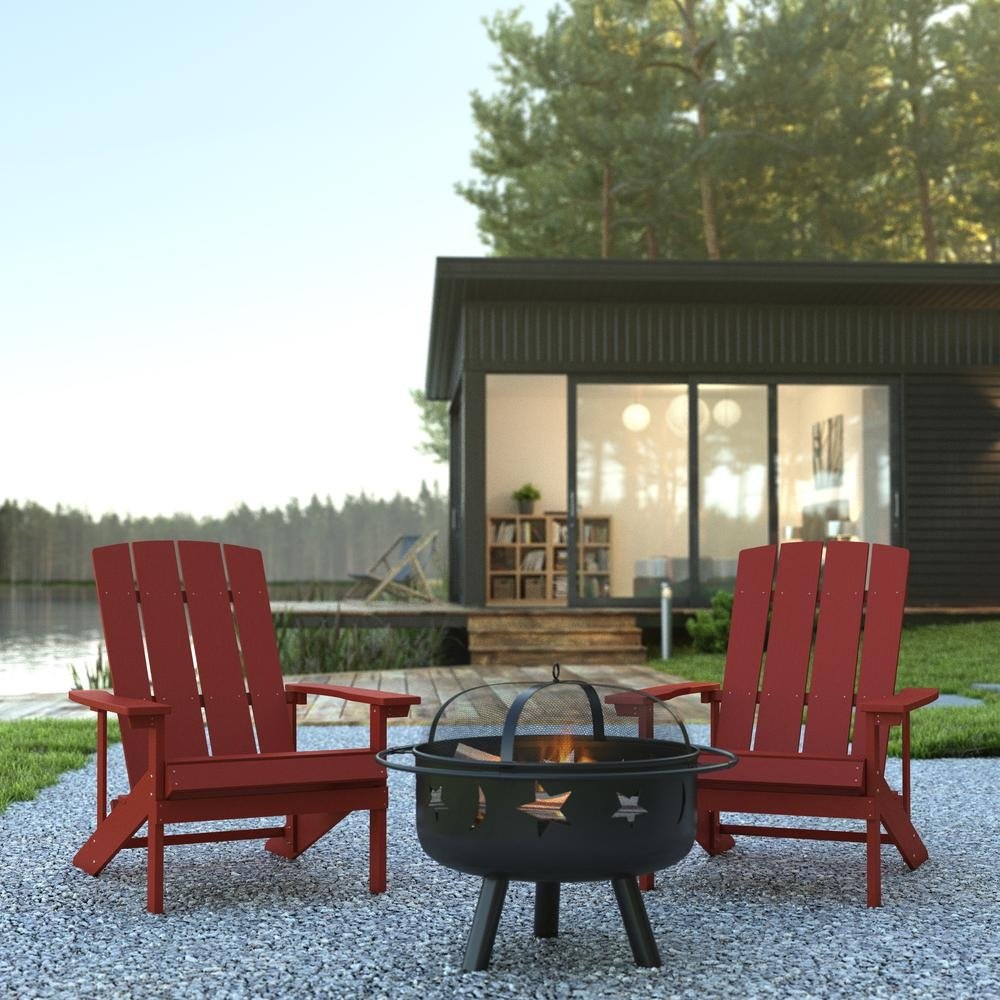 3 Piece Charlestown Red Poly Resin Wood Adirondack Chair Set with Fire Pit - Ethereal Company