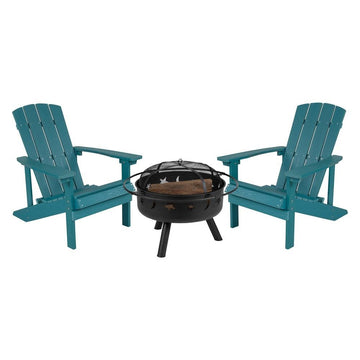 3 Piece Charlestown Sea Foam Poly Resin Wood Adirondack Chair Set with Fire Pit - Ethereal Company