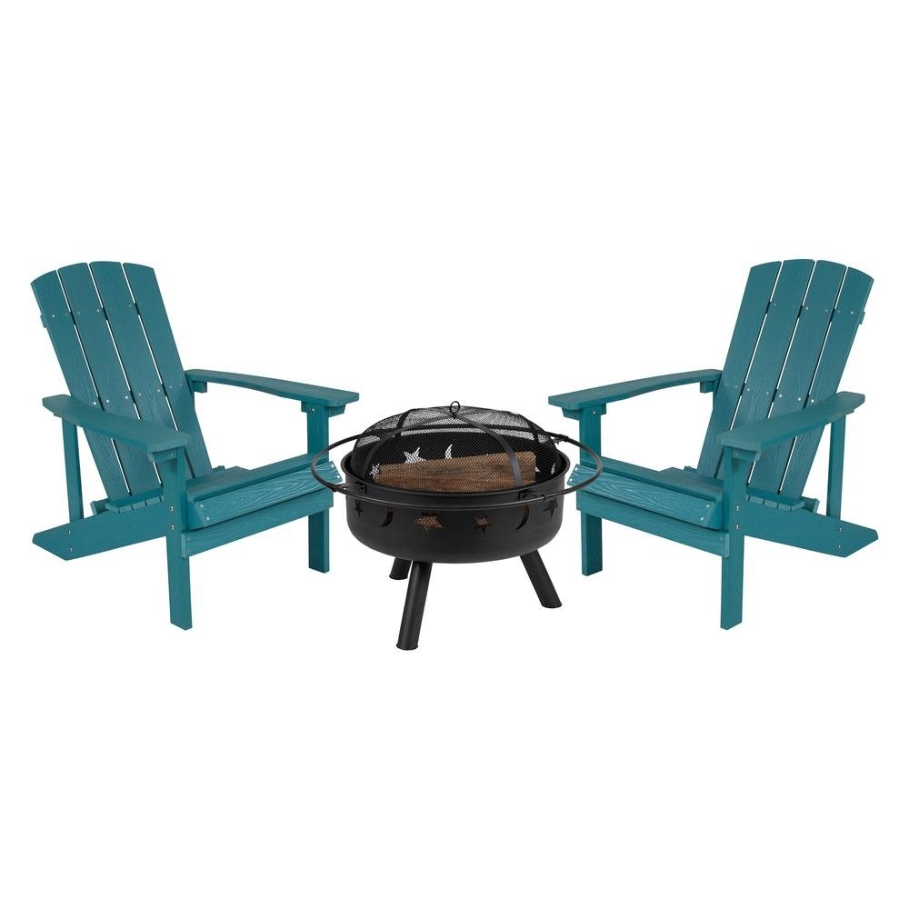 3 Piece Charlestown Sea Foam Poly Resin Wood Adirondack Chair Set with Fire Pit - Ethereal Company