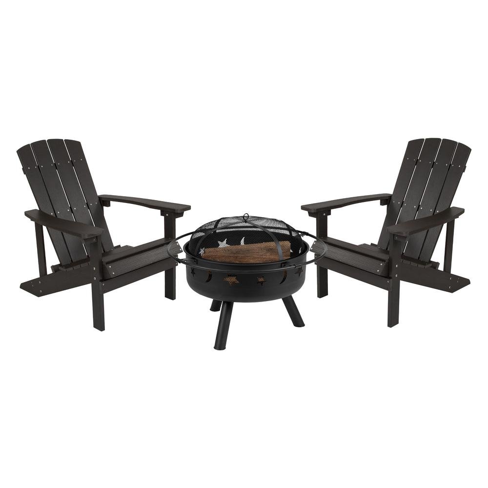 3 Piece Charlestown Slate Gray Poly Resin Wood Adirondack Chair Set with Fire Pit - Ethereal Company
