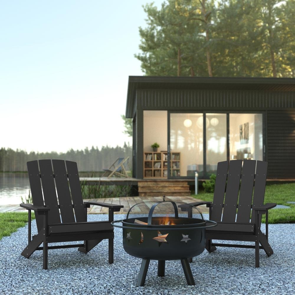3 Piece Charlestown Slate Gray Poly Resin Wood Adirondack Chair Set with Fire Pit - Ethereal Company