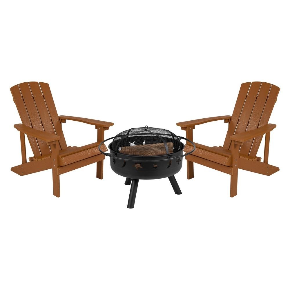 3 Piece Charlestown Teak Poly Resin Wood Adirondack Chair Set with Fire Pit - Ethereal Company