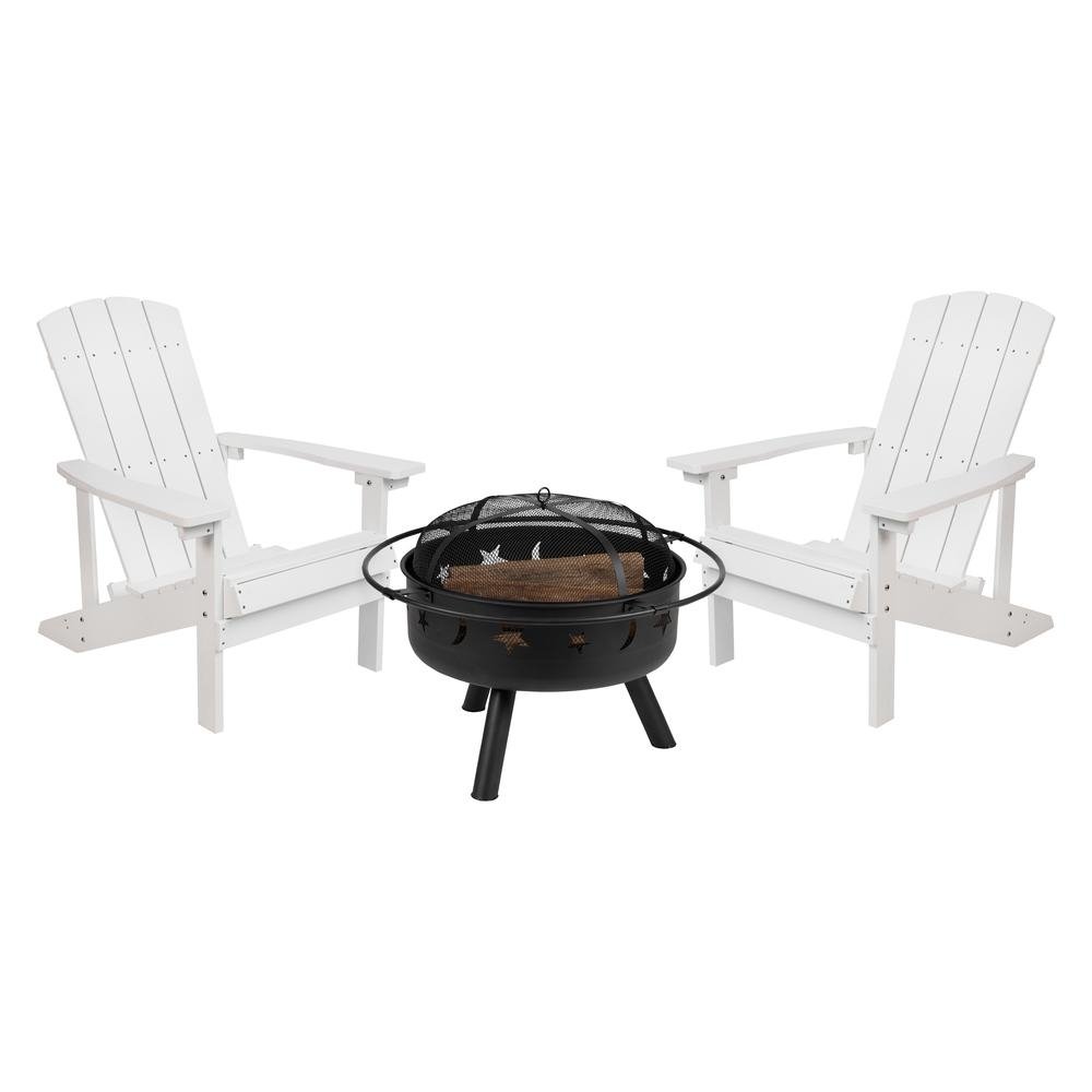 3 Piece Charlestown White Poly Resin Wood Adirondack Chair Set with Fire Pit - Ethereal Company