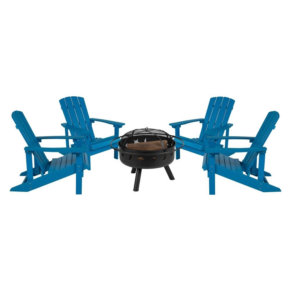 5 Piece Charlestown Blue Poly Resin Wood Adirondack Chair Set with Fire Pit - Ethereal Company