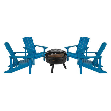 5 Piece Charlestown Blue Poly Resin Wood Adirondack Chair Set with Fire Pit - Ethereal Company