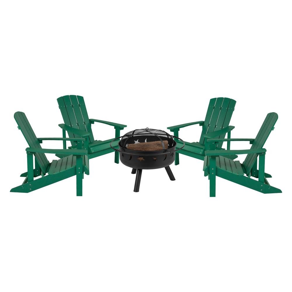 5 Piece Charlestown Green Poly Resin Wood Adirondack Chair Set with Fire Pit - Ethereal Company
