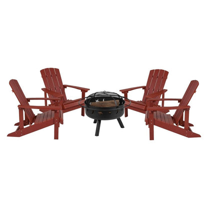 5 Piece Charlestown Red Poly Resin Wood Adirondack Chair Set with Fire Pit - Ethereal Company