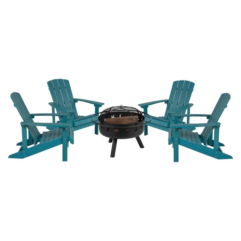 5 Piece Charlestown Sea Foam Poly Resin Wood Adirondack Chair Set with Fire Pit - Ethereal Company