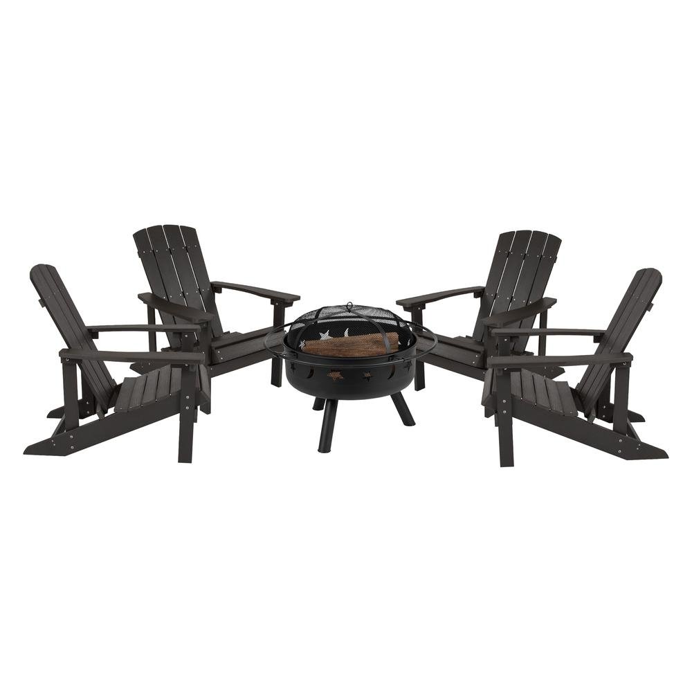 5 Piece Charlestown Slate Gray Poly Resin Wood Adirondack Chair Set with Fire Pit - Ethereal Company