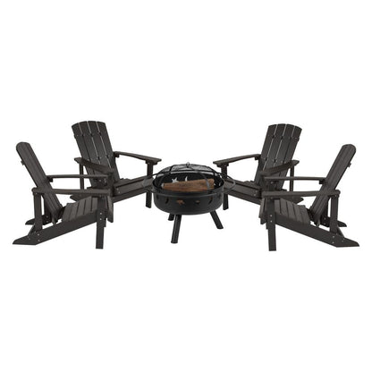 5 Piece Charlestown Slate Gray Poly Resin Wood Adirondack Chair Set with Fire Pit - Ethereal Company