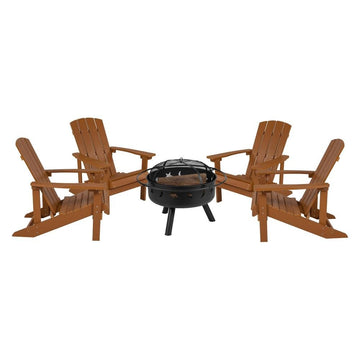 5 Piece Charlestown Teak Poly Resin Wood Adirondack Chair Set with Fire Pit - Ethereal Company