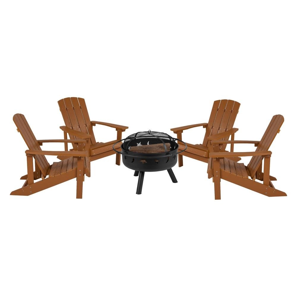5 Piece Charlestown Teak Poly Resin Wood Adirondack Chair Set with Fire Pit - Ethereal Company