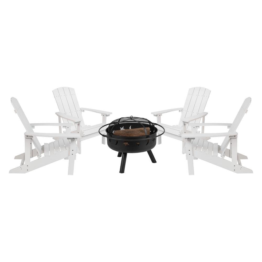 5 Piece Charlestown White Poly Resin Wood Adirondack Chair Set with Fire Pit - Ethereal Company