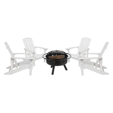 5 Piece Charlestown White Poly Resin Wood Adirondack Chair Set with Fire Pit - Ethereal Company