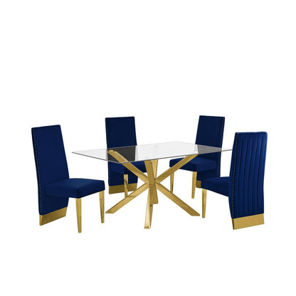 5 Piece Monatgue Dining Room Set-Gold/Blue Velvet - Ethereal Company