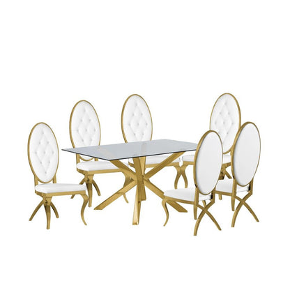 7 Piece Oswald Dining Room Set in Gold/ White Leather - Ethereal Company